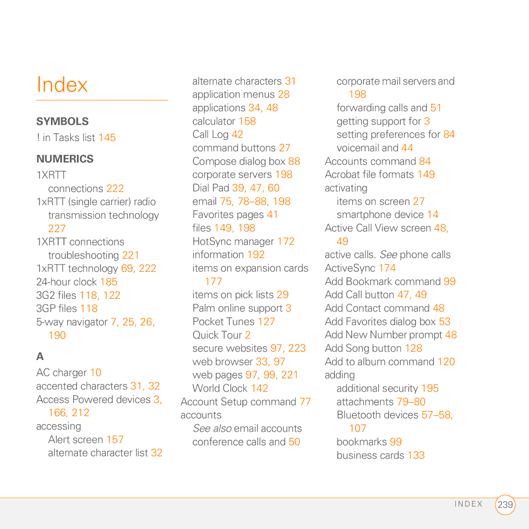 Palm Treo 755P manual Index, Tasks list, 190, AC charger, 166, 212 accessing 