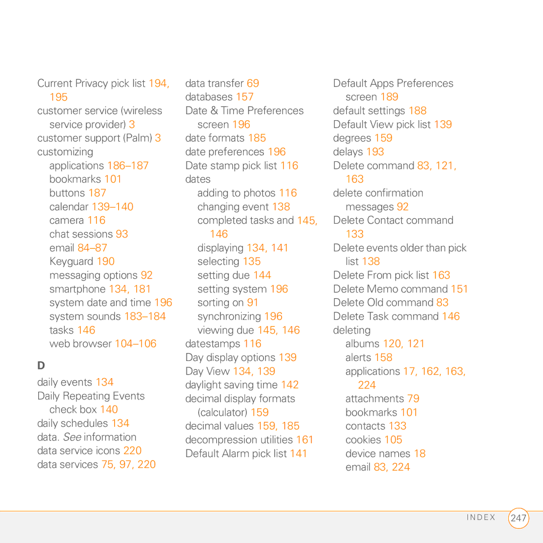 Palm Treo 755P manual 195, 146 133, Albums 120, 224, Email 83 