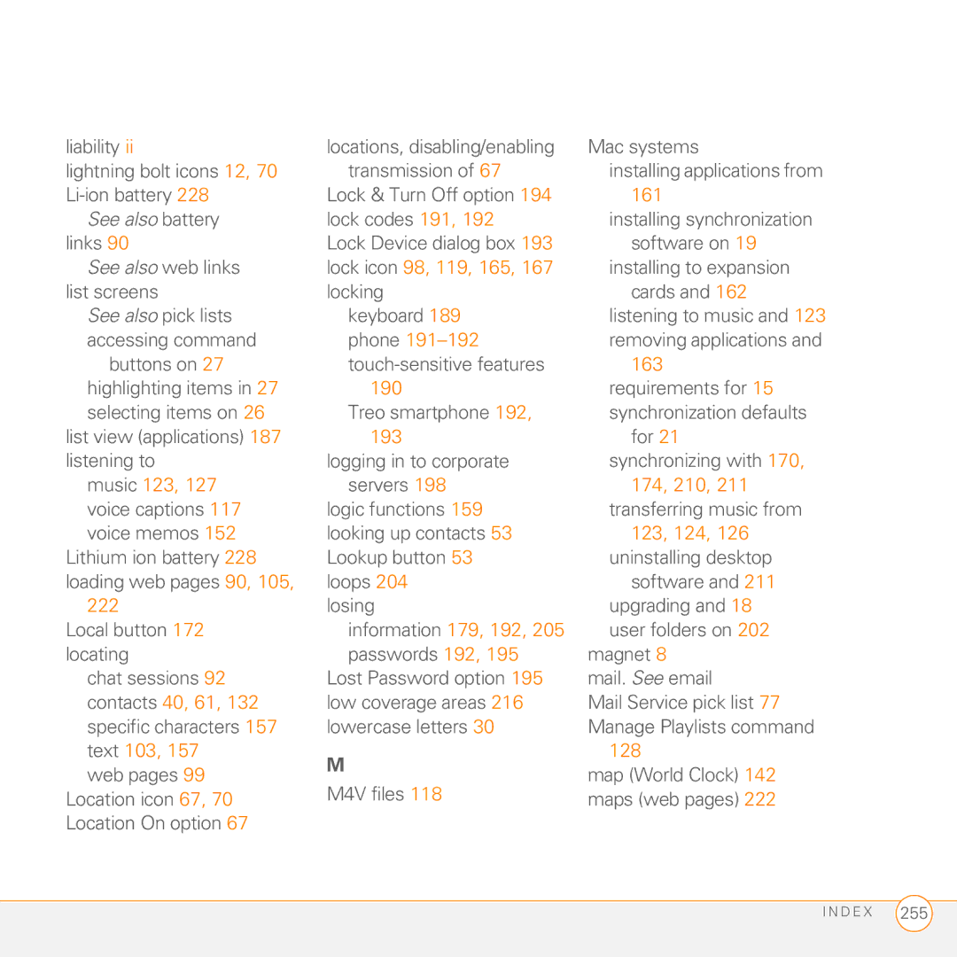 Palm Treo 755P Lock icon 98, 119, 165, Phone, 193, Music 123, 174, 210, 123, 124, 222, Information 179, 192, Text 103 128 