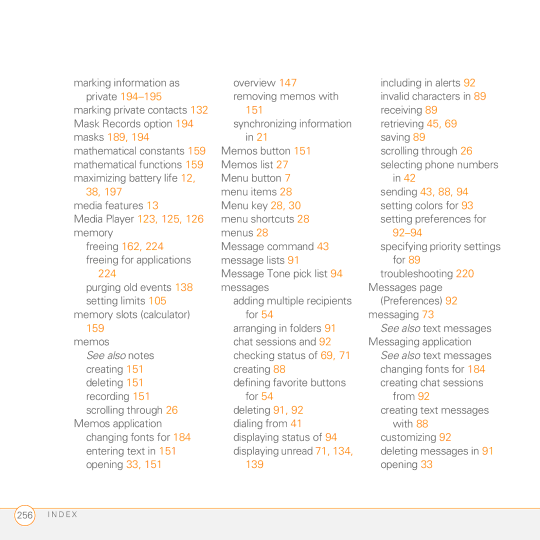 Palm Treo 755P manual 151, Masks 189, Sending 43, 88, 92-94, 159 