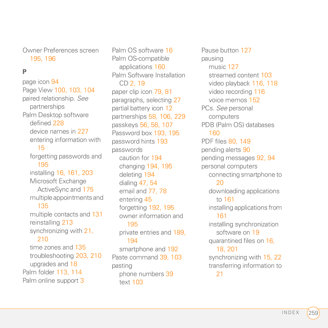 Palm Treo 755P manual Owner Preferences screen 195 Icon, Installing 16, 161, 203 Microsoft Exchange, 135 
