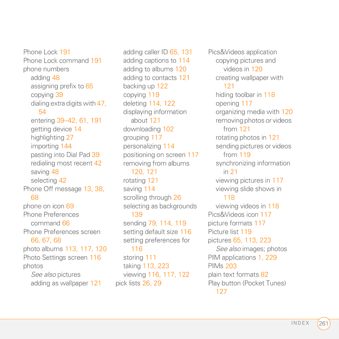 Palm Treo 755P Entering 39-42, 61, 120, 118, Sending 79, 114, 66, 67, Pictures 65, 113, Taking 113, Viewing 116, 117 
