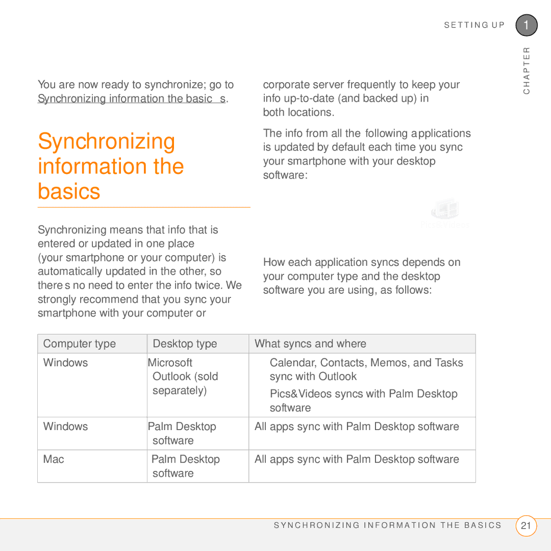 Palm Treo 755P manual Synchronizing information-the basics 