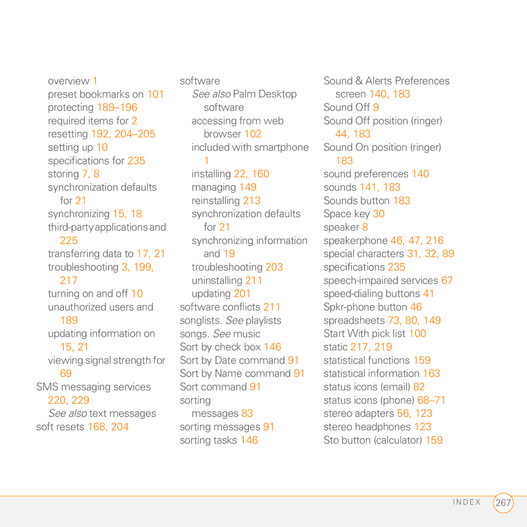 Palm Treo 755P manual Screen 140, Resetting 192, Sounds 141, 225, Static 217 