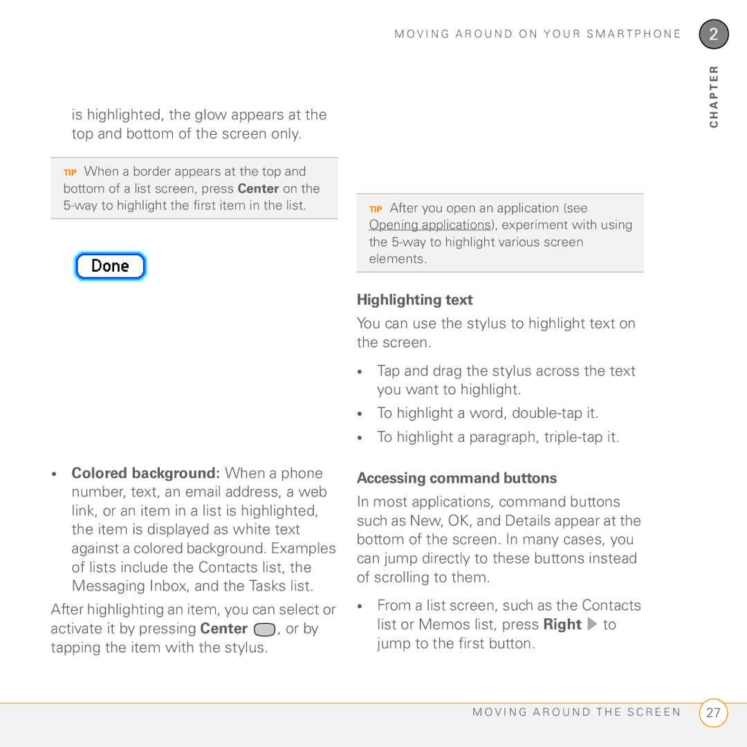 Palm Treo 755P manual Highlighting text, Accessing command buttons 