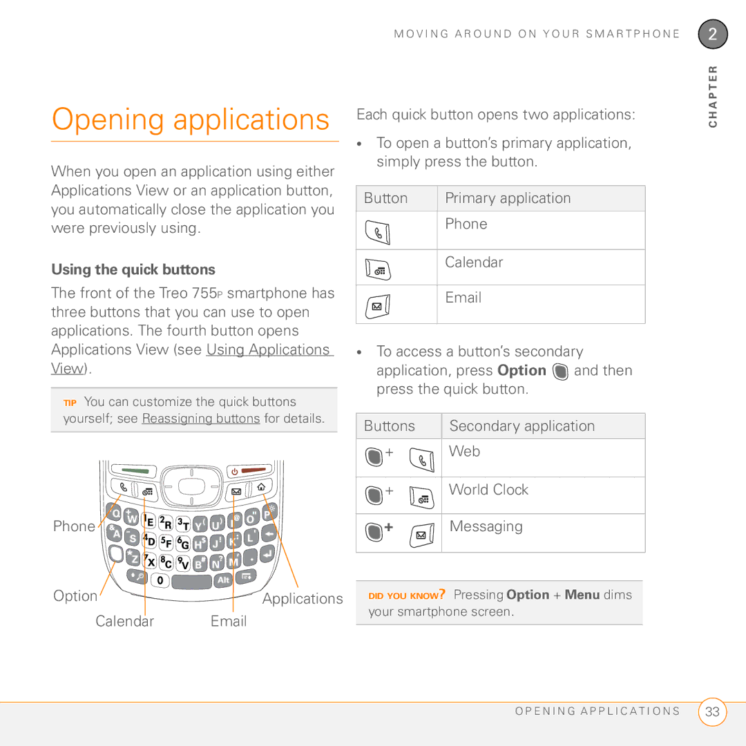 Palm Treo 755P manual Opening applications, Using the quick buttons, Phone Option, Calendar 