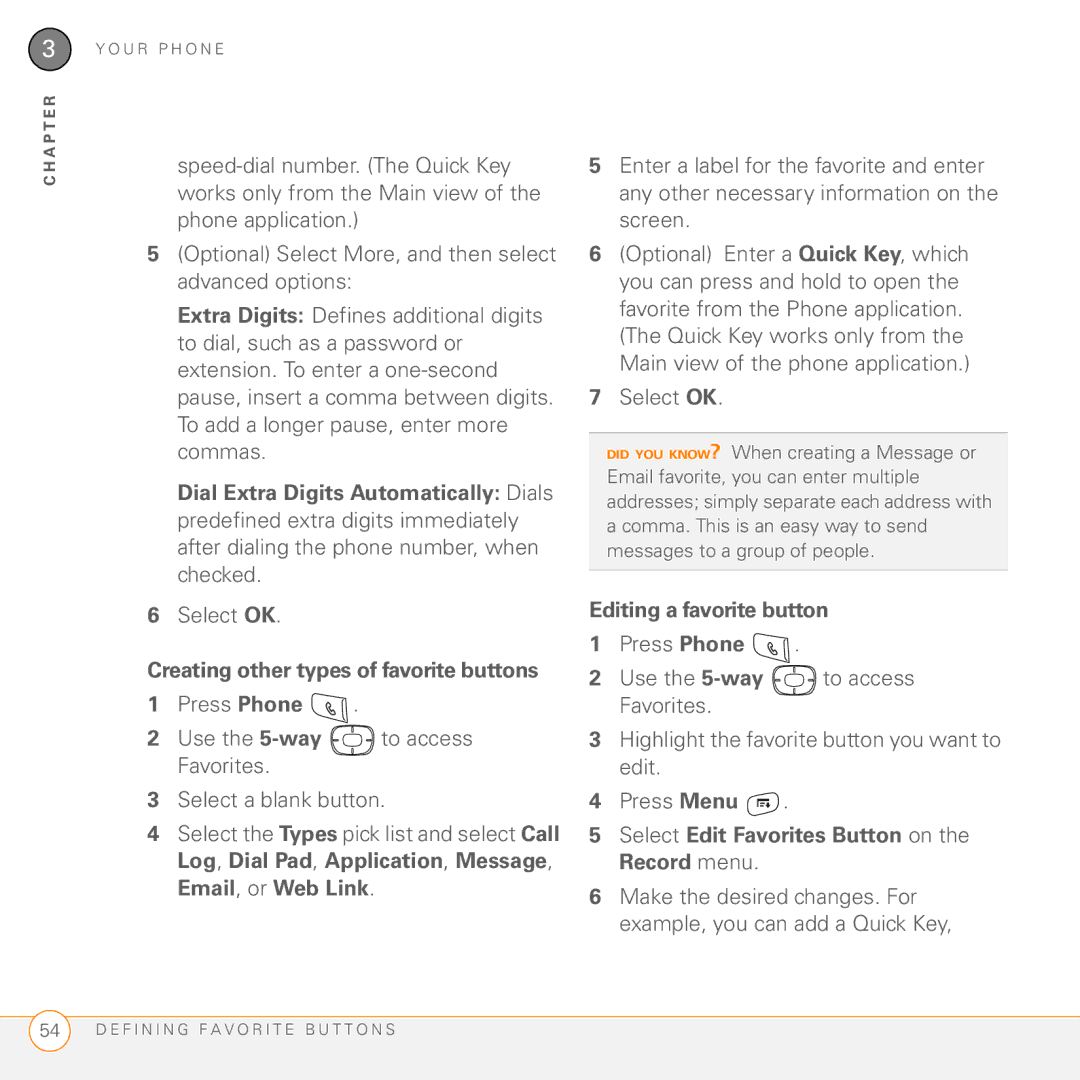 Palm Treo 755P manual Select OK, Press Phone Use the 5-way to access Favorites, Editing a favorite button 