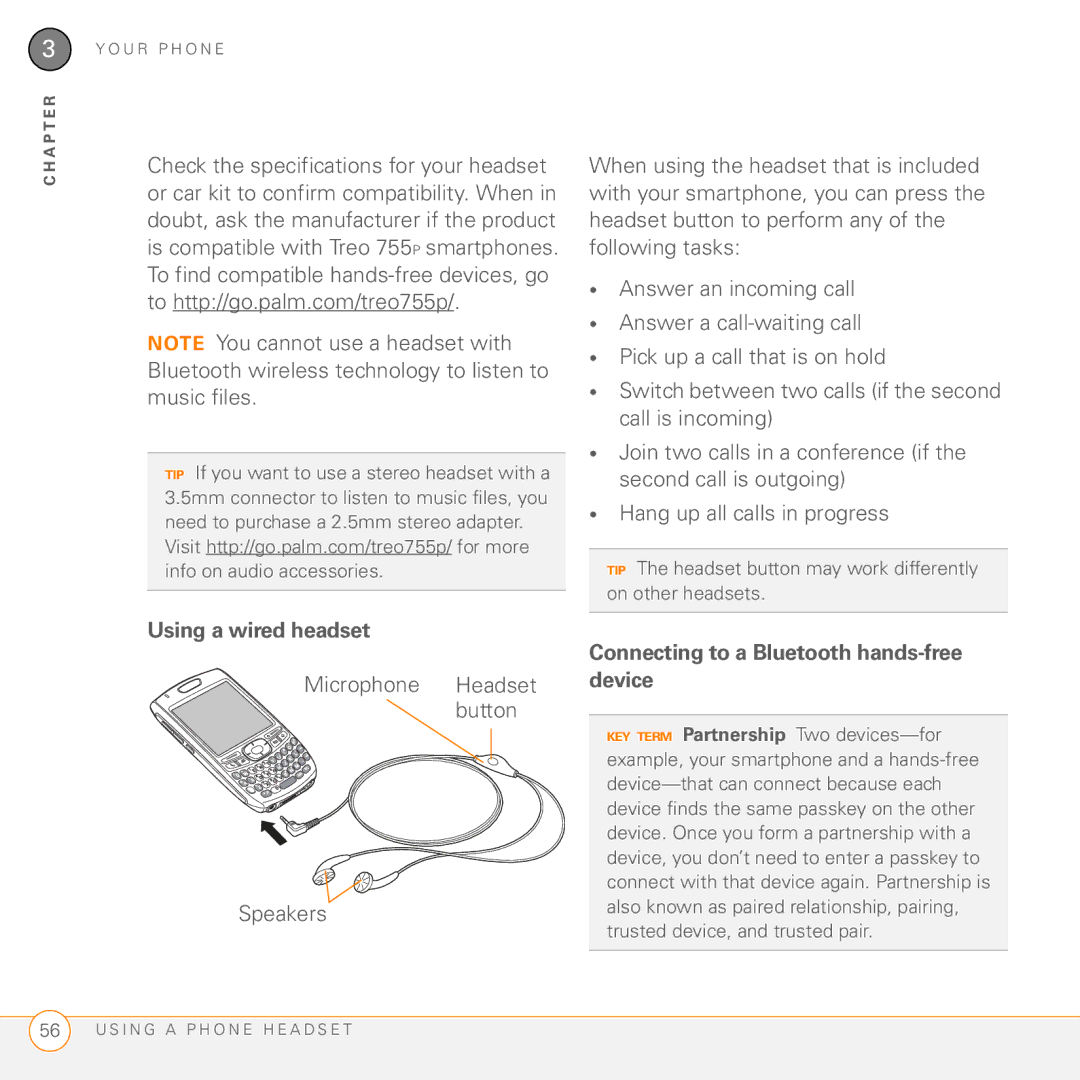 Palm Treo 755P Using a wired headset, Microphone Headset button Speakers, Connecting to a Bluetooth hands-free device 