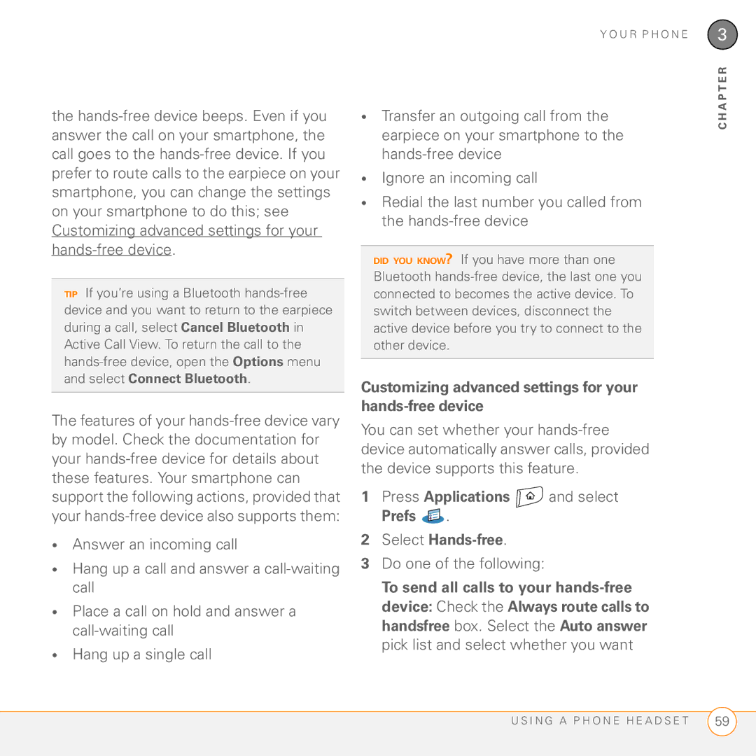Palm Treo 755P manual Customizing advanced settings for your hands-free device 