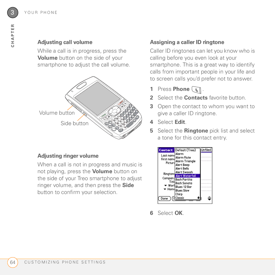 Palm Treo 755P manual Adjusting ringer volume, Assigning a caller ID ringtone 