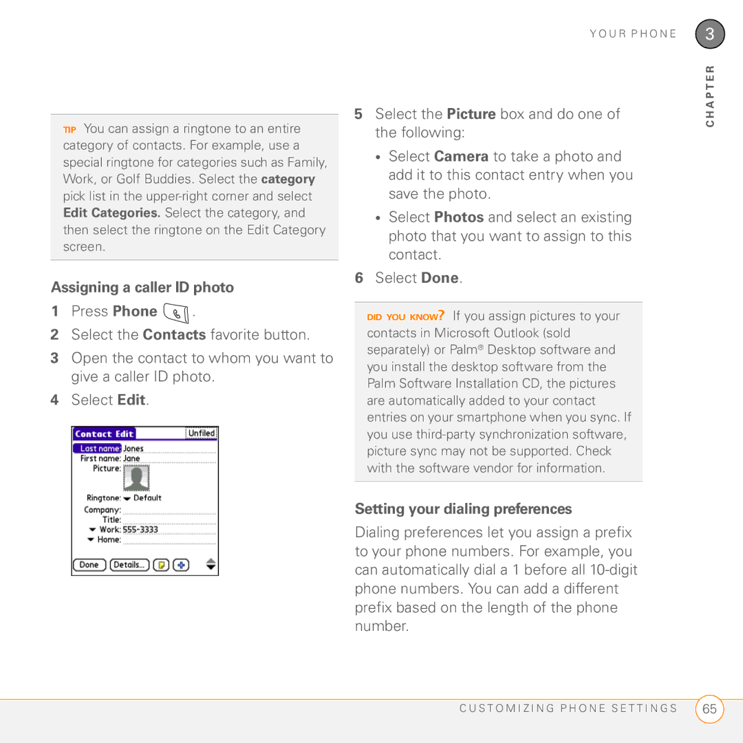 Palm Treo 755P manual Assigning a caller ID photo, Setting your dialing preferences 