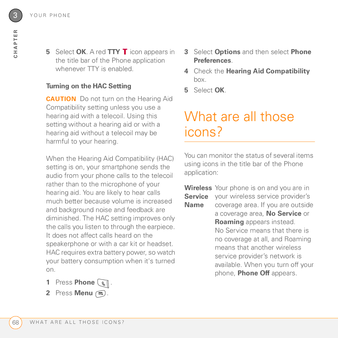 Palm Treo 755P manual What are all those icons?, Turning on the HAC Setting, Check the Hearing Aid Compatibility box 