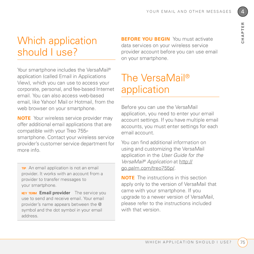 Palm Treo 755P manual Which application should I use?, VersaMail application 
