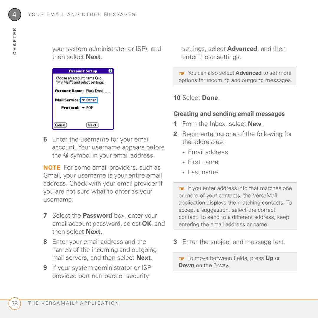 Palm Treo 755P manual Your system administrator or ISP, and then select Next, Creating and sending email messages 