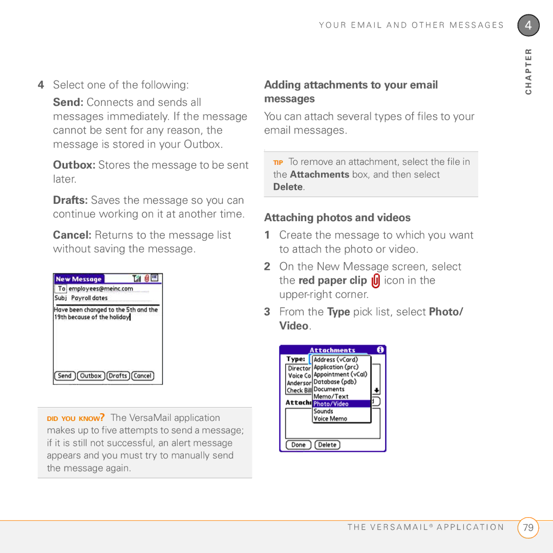 Palm Treo 755P manual Adding attachments to your email messages, Attaching photos and videos 