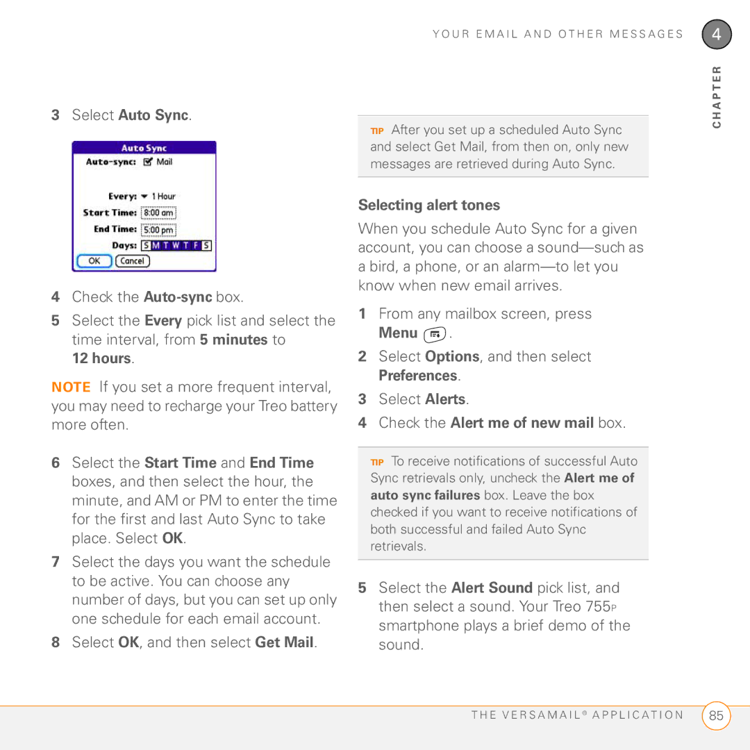 Palm Treo 755P manual Select Auto Sync, Select OK, and then select Get Mail, Selecting alert tones 