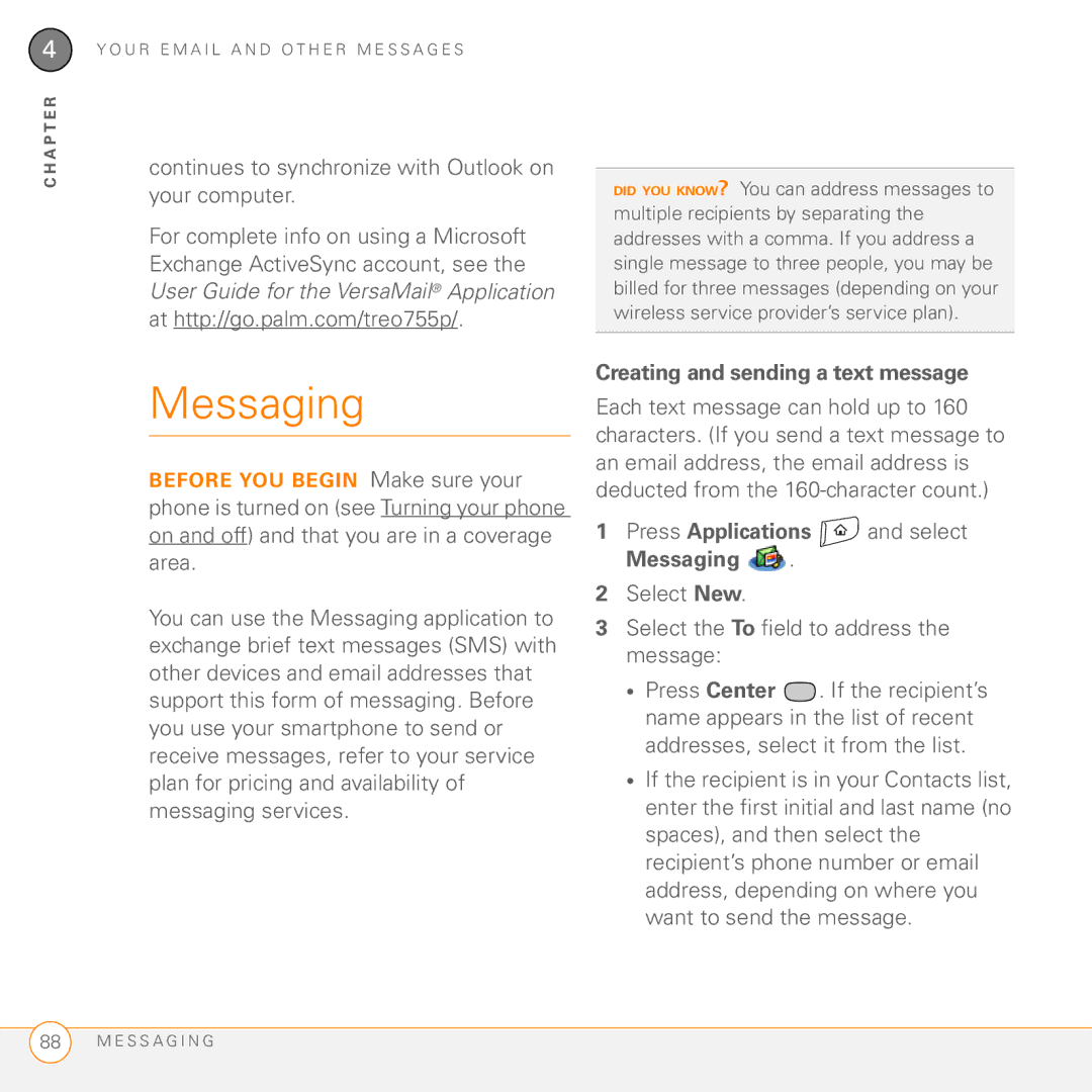 Palm Treo 755P Messaging, Continues to synchronize with Outlook on your computer, Creating and sending a text message 
