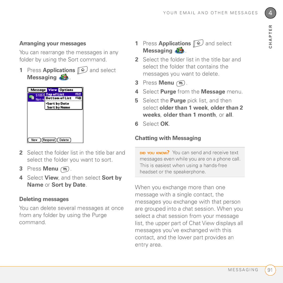 Palm Treo 755P manual Arranging your messages, Deleting messages, Chatting with Messaging 