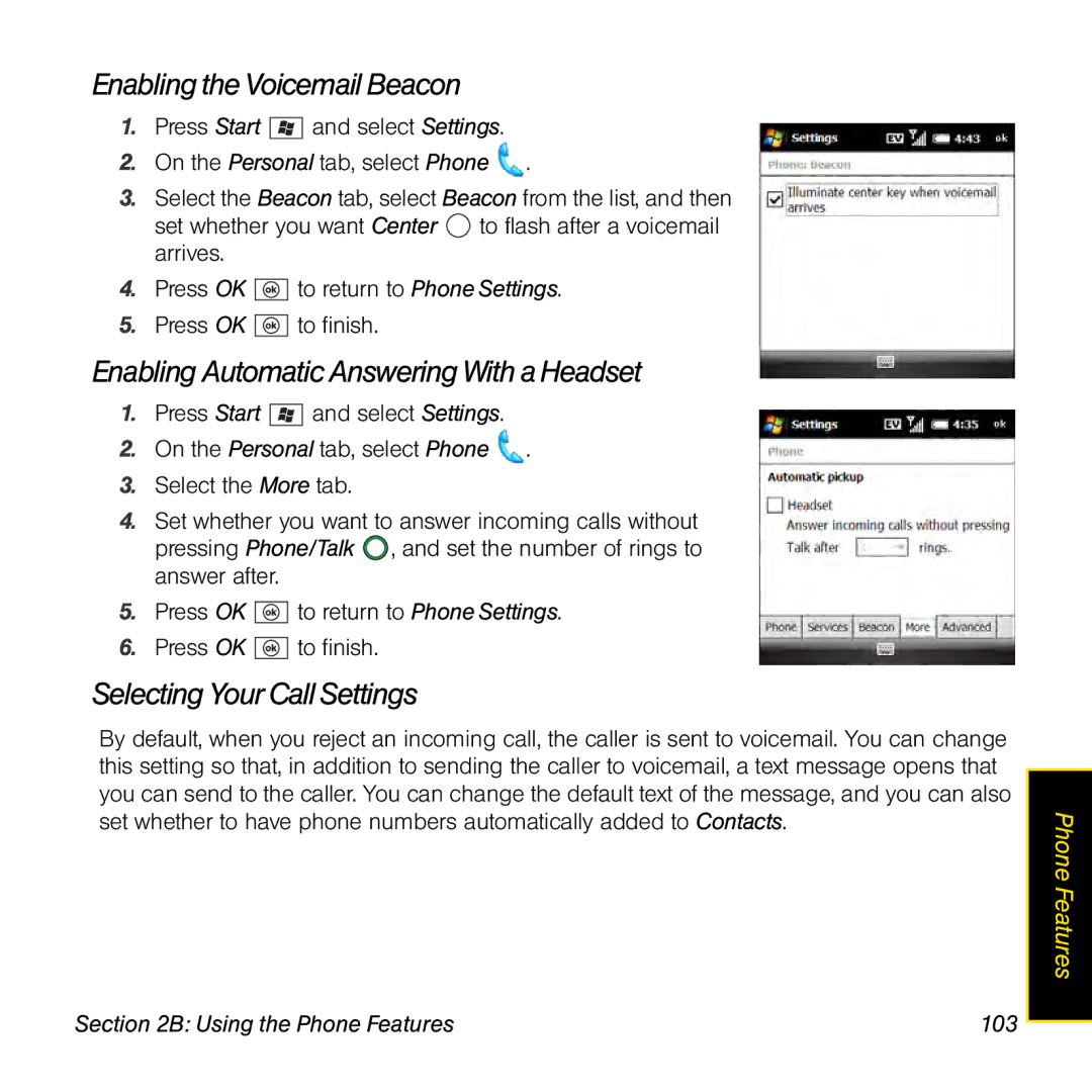 Palm TREOPROBLKSPT manual Enabling the Voicemail Beacon, Enabling Automatic Answering With a Headset 