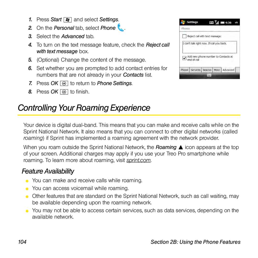 Palm TREOPROBLKSPT manual Controlling Your Roaming Experience, Feature Availability, 104 