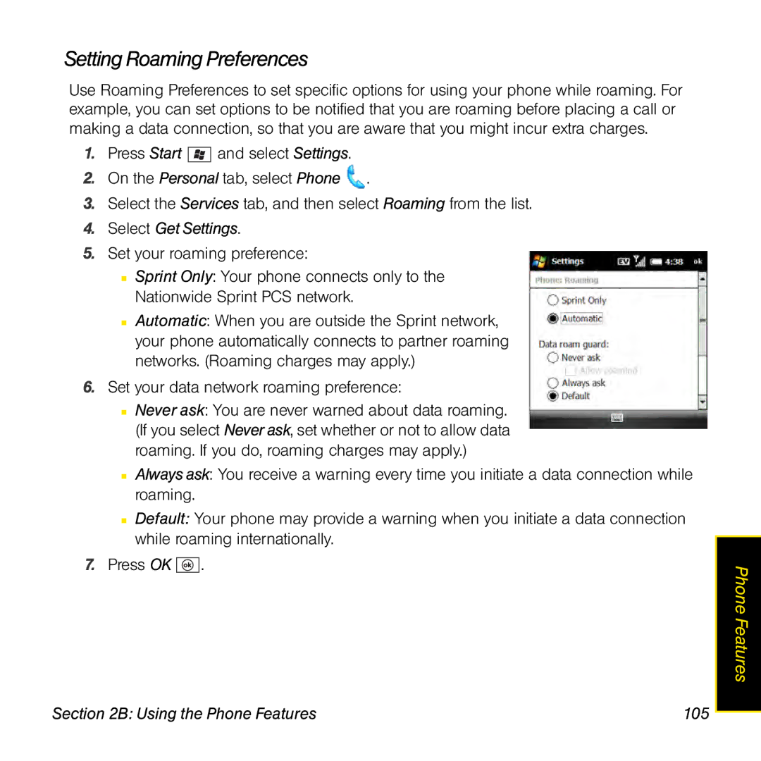 Palm TREOPROBLKSPT manual Setting Roaming Preferences, Using the Phone Features 105 