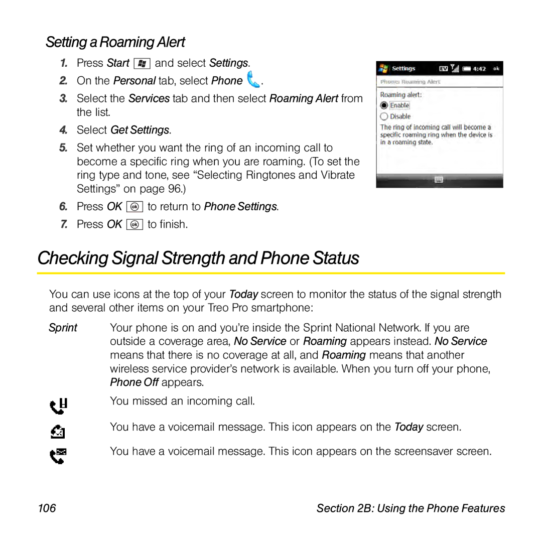 Palm TREOPROBLKSPT manual Checking Signal Strength and Phone Status, Setting a Roaming Alert, 106 