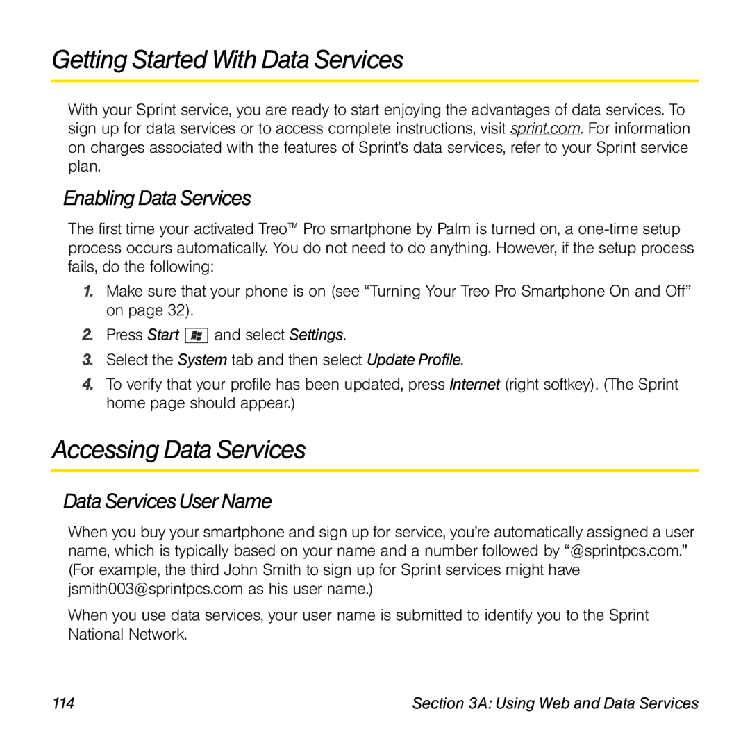 Palm TREOPROBLKSPT manual Getting Started With Data Services, Accessing Data Services, Enabling Data Services 