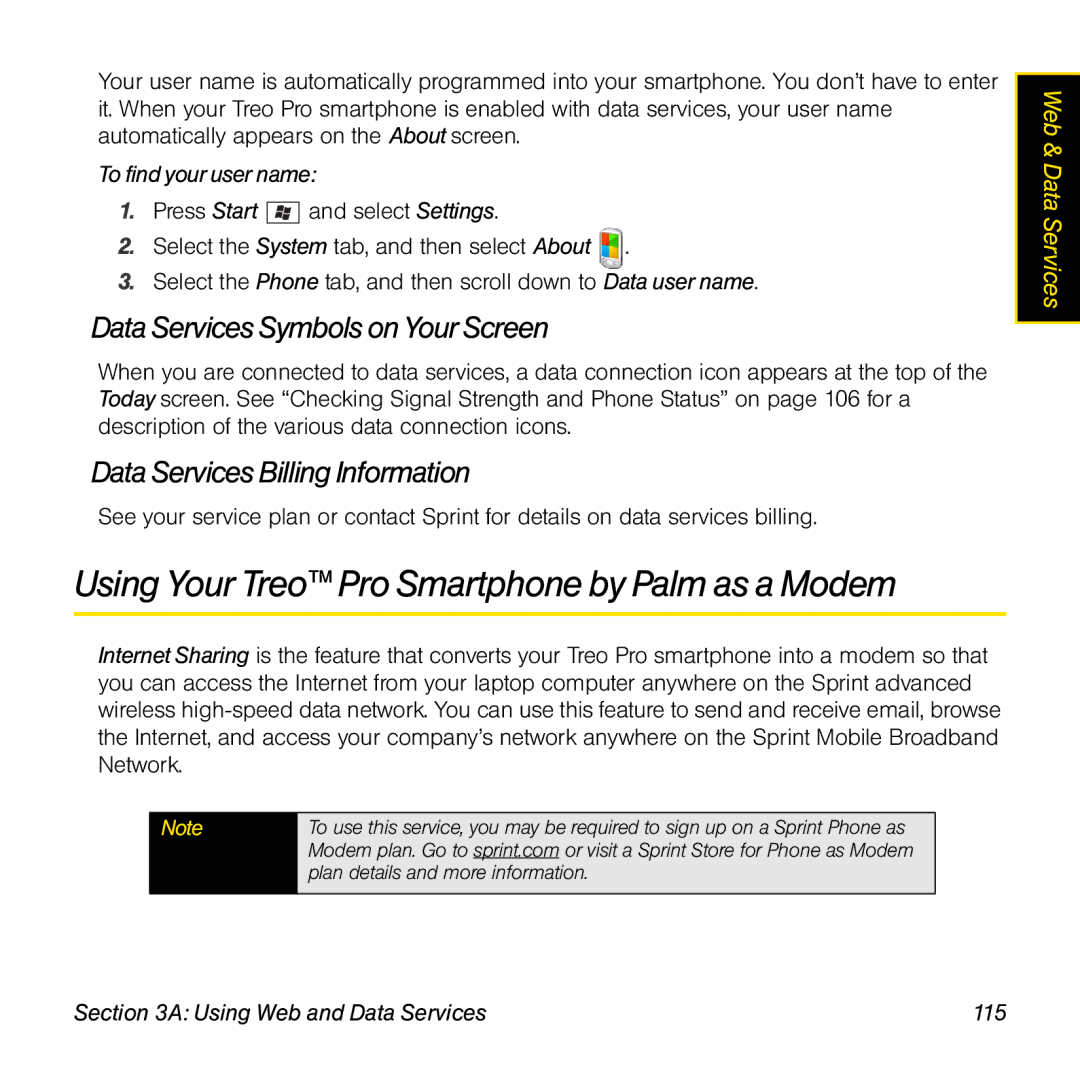 Palm TREOPROBLKSPT manual Using Your Treo Pro SmartphonebyPalm as a Modem, Data Services Symbols on Your Screen 