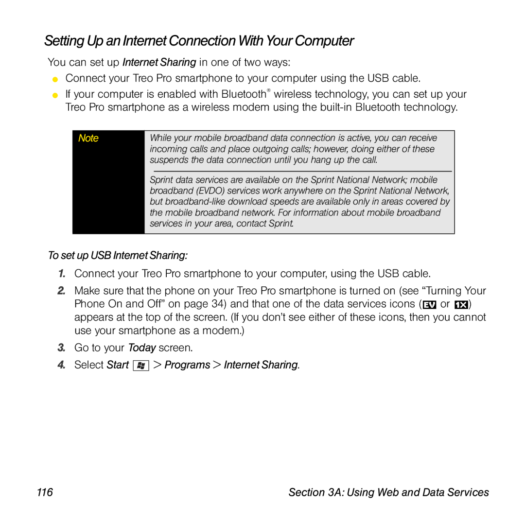 Palm TREOPROBLKSPT manual Setting Up an Internet Connection With Your Computer, To set up USB Internet Sharing 