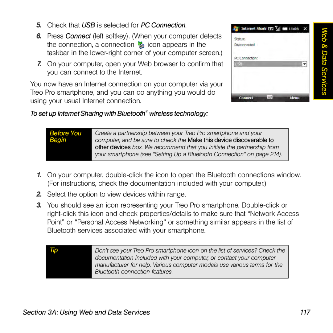 Palm TREOPROBLKSPT manual Begin, Using Web and Data Services 117 