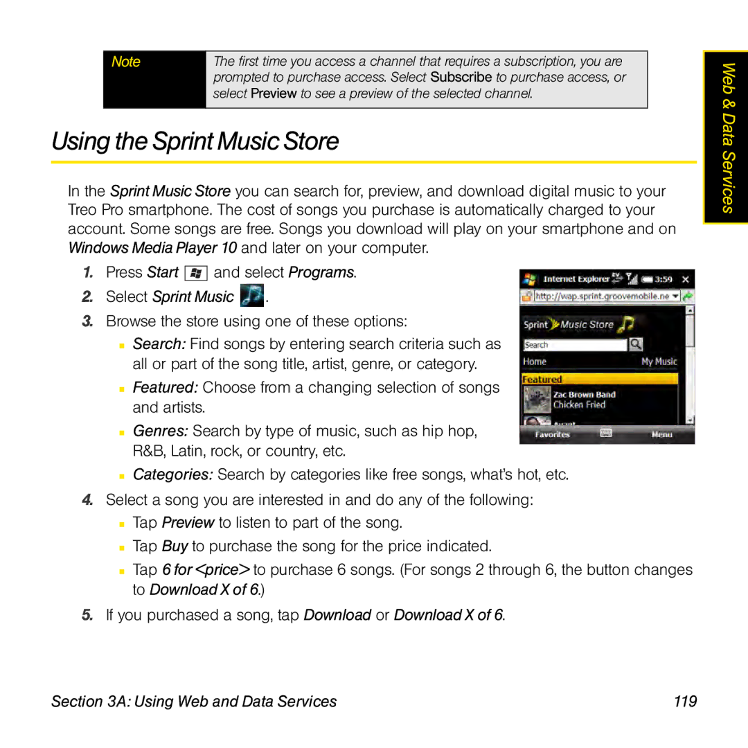 Palm TREOPROBLKSPT manual Using the Sprint Music Store, Select Sprint Music, Using Web and Data Services 119 