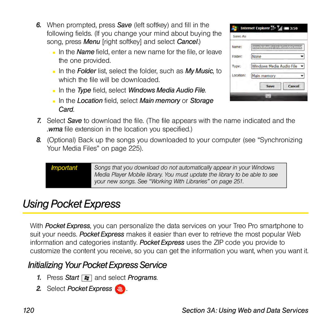 Palm TREOPROBLKSPT manual Using Pocket Express, Initializing Your Pocket Express Service, Select Pocket Express 120 