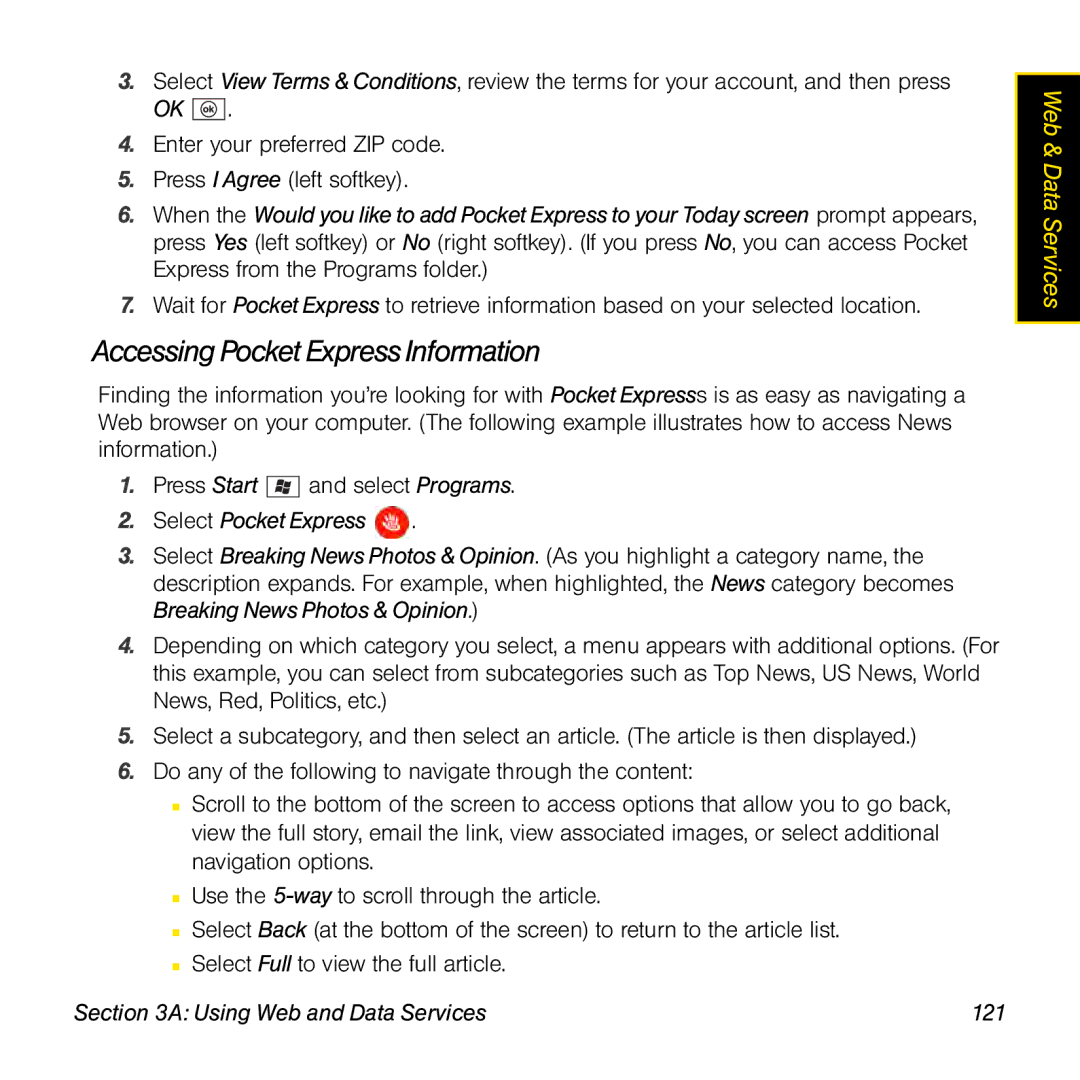 Palm TREOPROBLKSPT manual Accessing Pocket Express Information, Select Pocket Express, Using Web and Data Services 121 