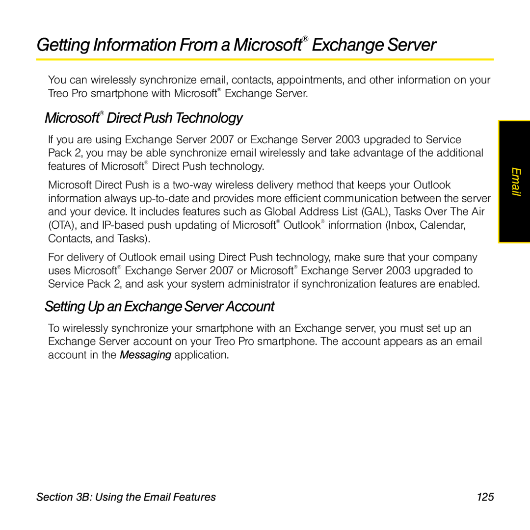 Palm TREOPROBLKSPT manual Getting Information From a Microsoft Exchange Server, Microsoft Direct Push Technology 