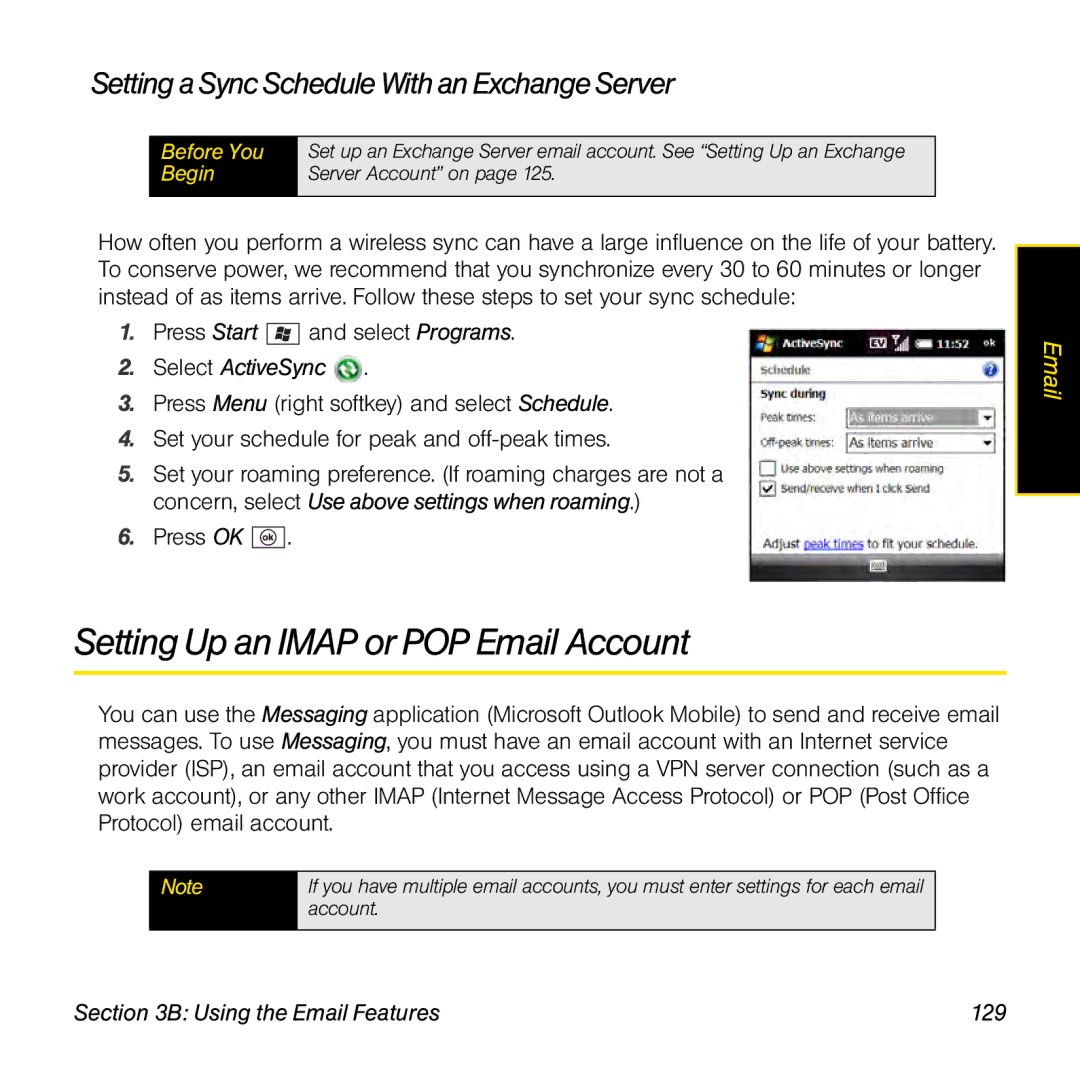 Palm TREOPROBLKSPT manual Setting Up an Imap or POP Email Account, Setting a Sync Schedule With an Exchange Server 