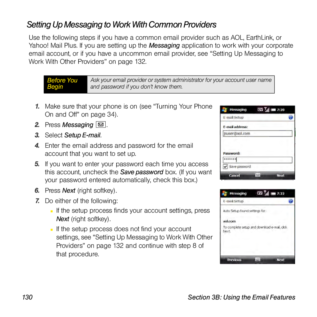 Palm TREOPROBLKSPT manual Setting Up Messaging to Work With Common Providers, Press Messaging Select Setup E-mail, 130 