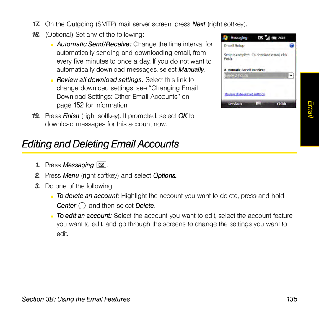 Palm TREOPROBLKSPT manual Editing and Deleting Email Accounts, Press Messaging, Using the Email Features 135 