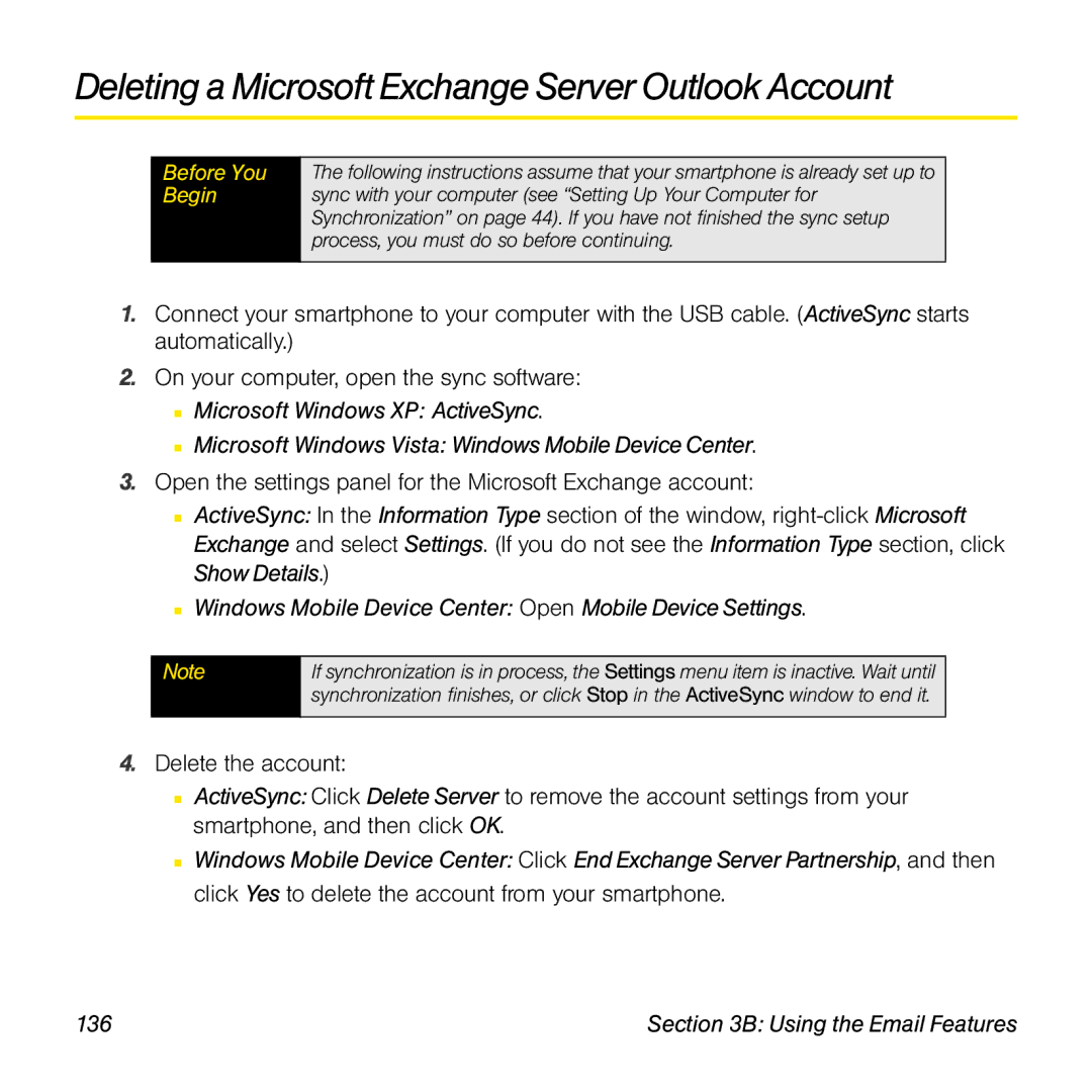 Palm TREOPROBLKSPT manual Deleting a Microsoft Exchange Server Outlook Account 