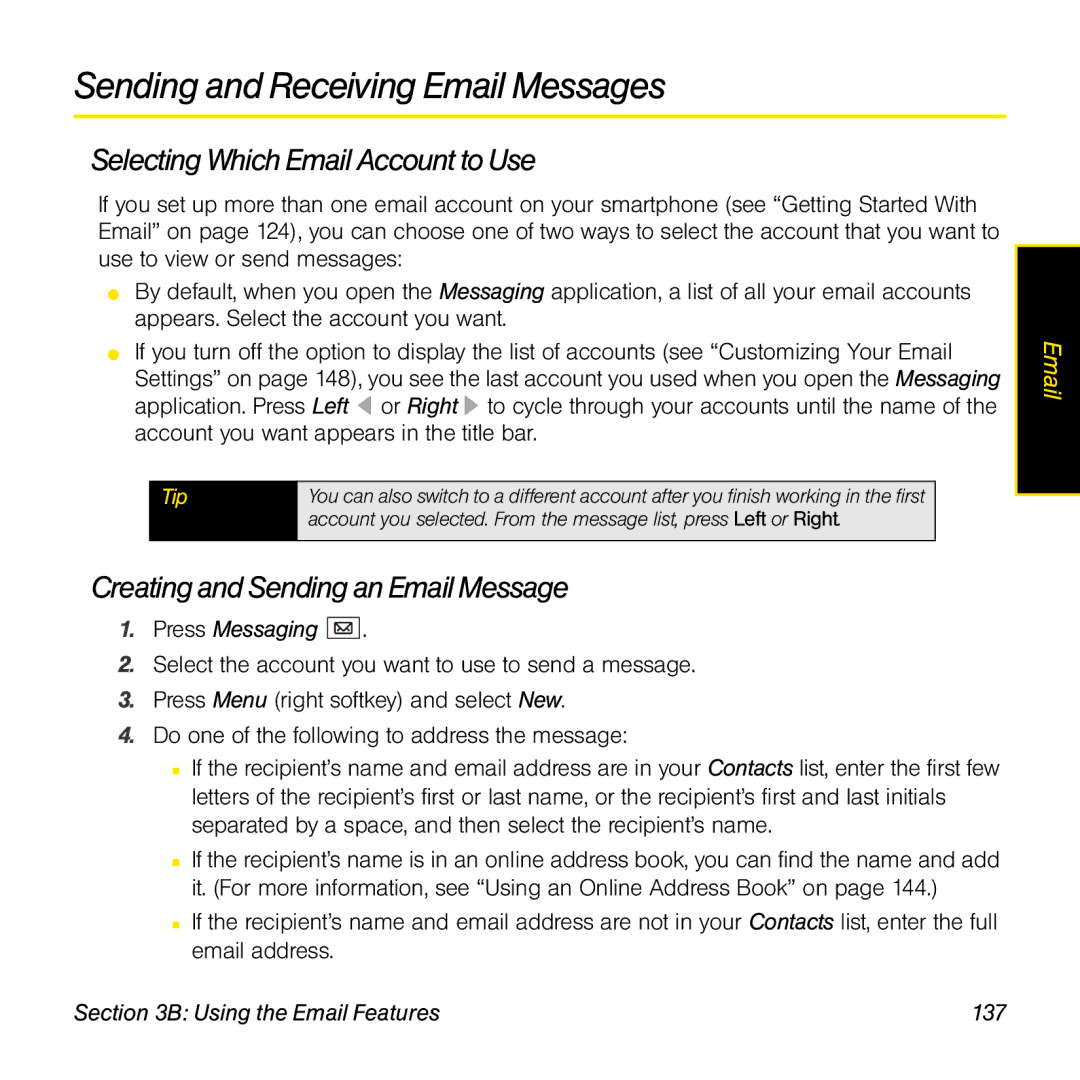 Palm TREOPROBLKSPT manual Sending and Receiving Email Messages, Selecting Which Email Account to Use 