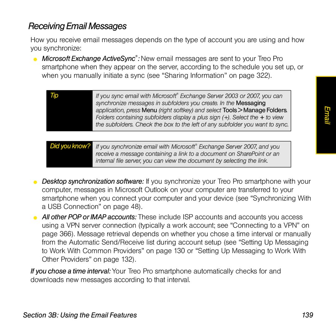 Palm TREOPROBLKSPT manual Receiving Email Messages, Using the Email Features 139 