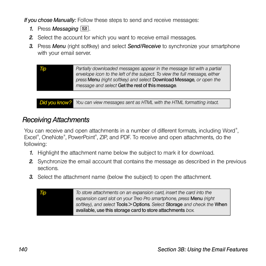 Palm TREOPROBLKSPT manual Receiving Attachments, 140 