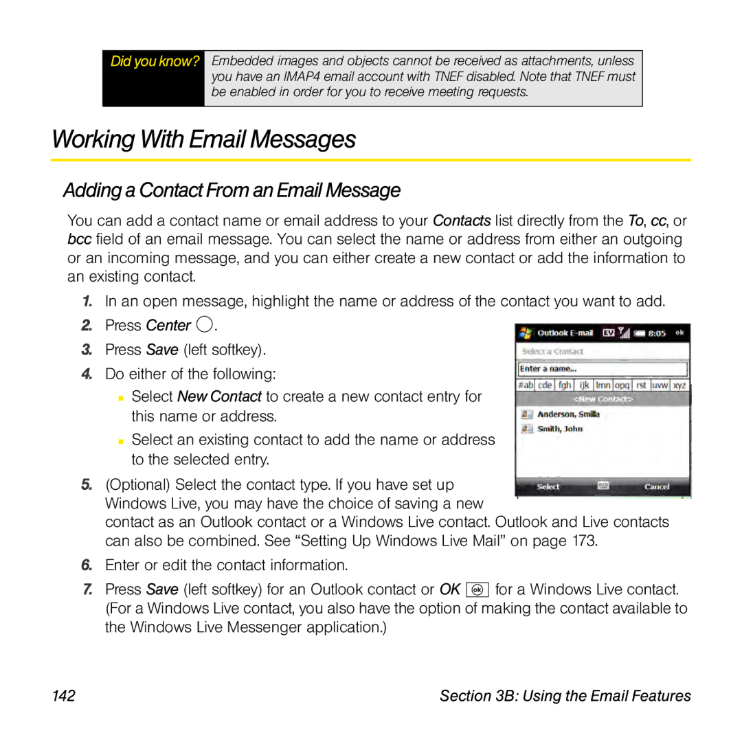 Palm TREOPROBLKSPT manual Working With Email Messages, Adding a Contact From an Email Message, 142 