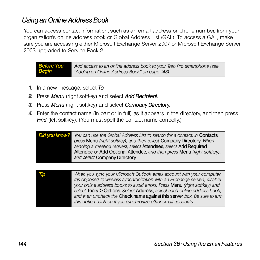 Palm TREOPROBLKSPT manual Using an Online Address Book, 144 