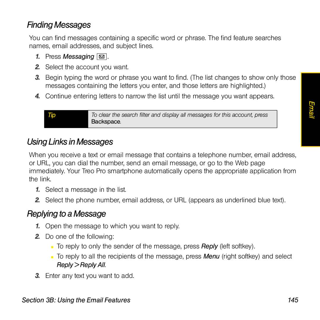 Palm TREOPROBLKSPT manual Finding Messages, Using Links in Messages, Replying to a Message, Using the Email Features 145 