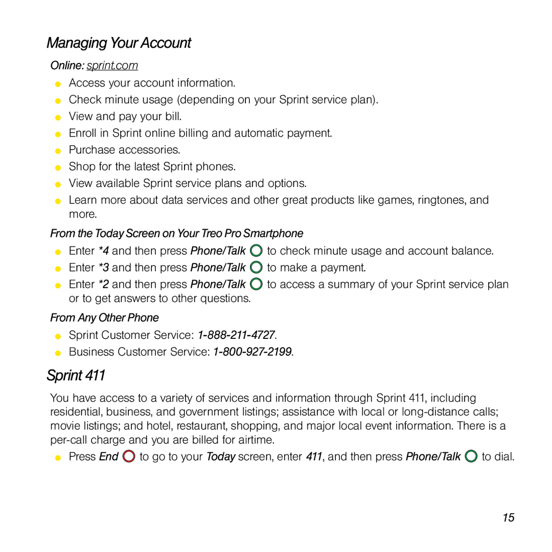 Palm TREOPROBLKSPT Managing Your Account, Sprint, Online sprint.com, From the Today Screen on Your TreoPro Smartphone 