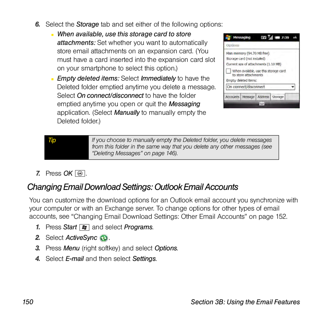 Palm TREOPROBLKSPT manual Changing Email Download Settings Outlook Email Accounts, 150 