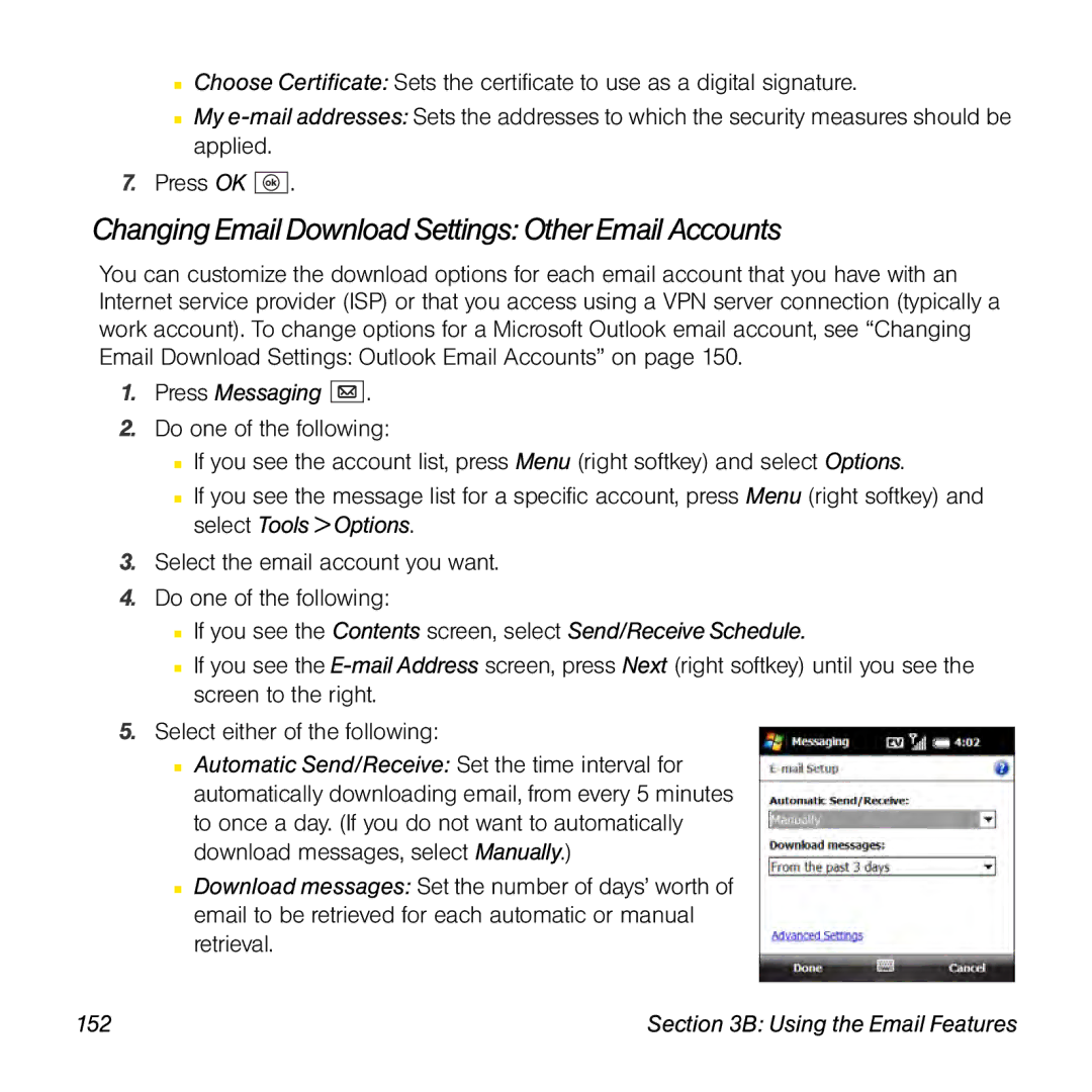 Palm TREOPROBLKSPT manual Changing Email Download Settings Other Email Accounts, 152 