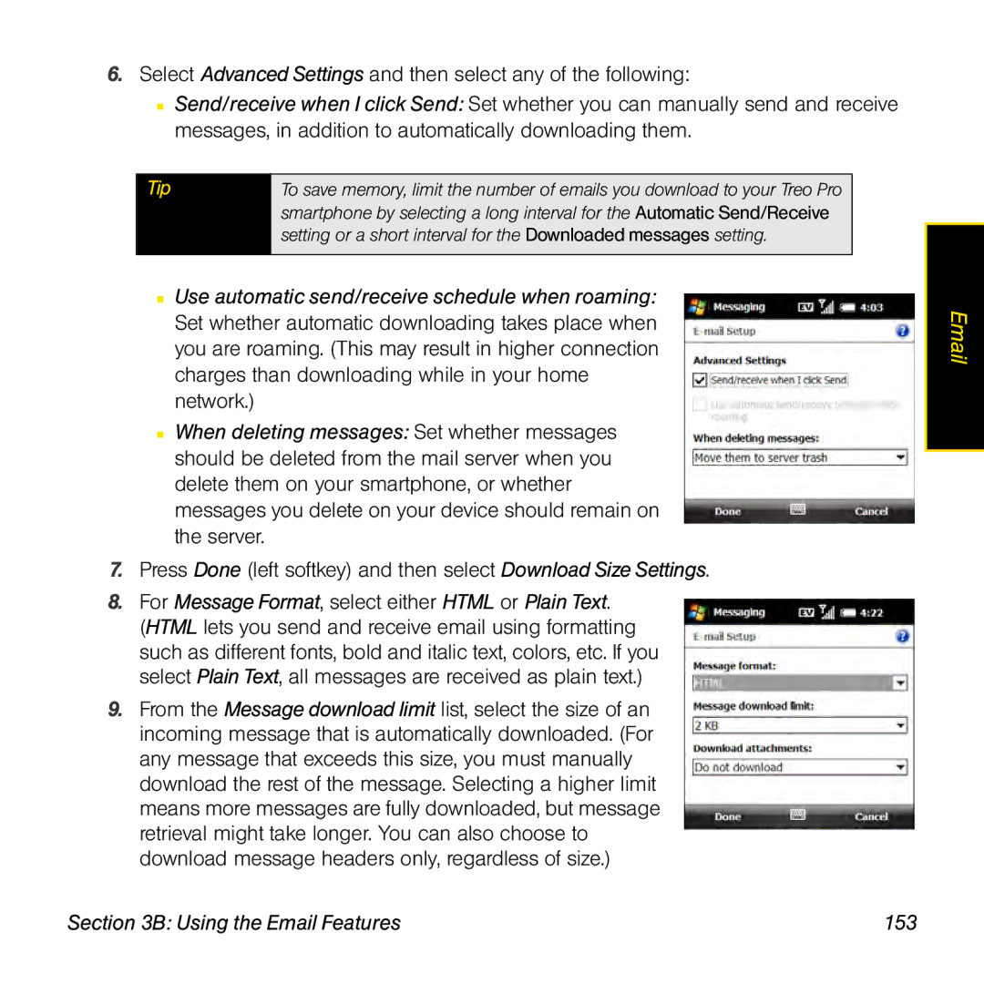 Palm TREOPROBLKSPT manual For Message Format, select either Html or Plain Text, Using the Email Features 153 