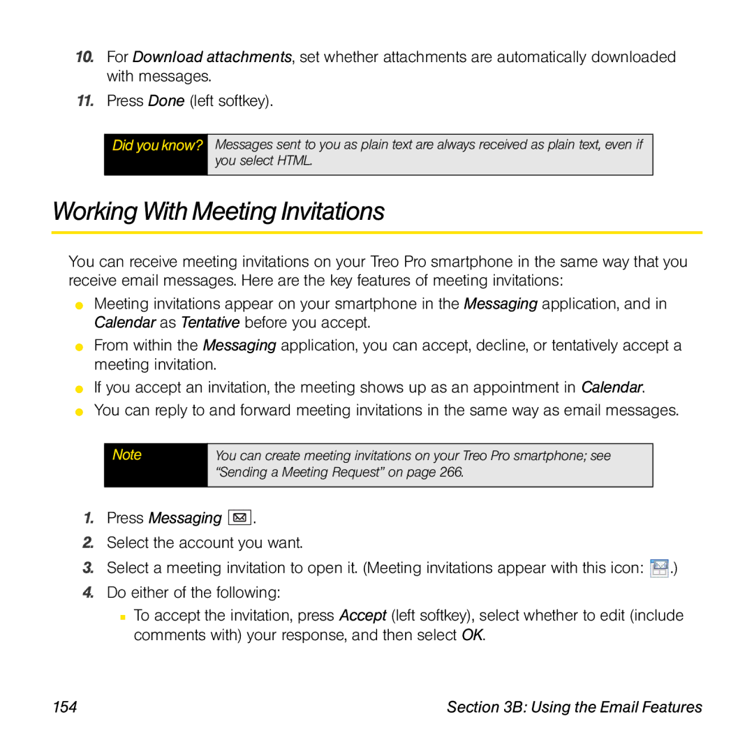 Palm TREOPROBLKSPT manual Working With Meeting Invitations, 154 