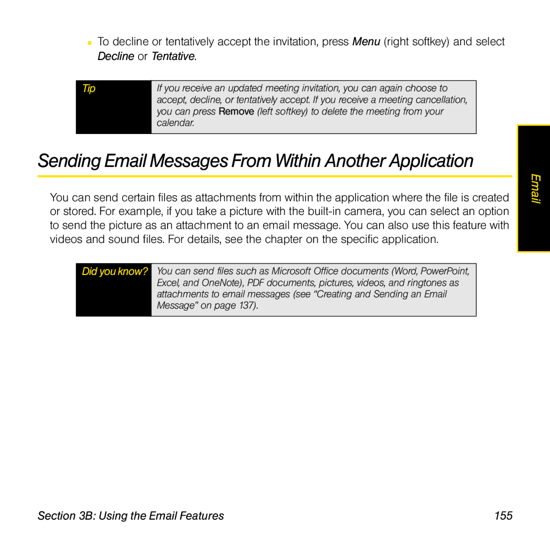 Palm TREOPROBLKSPT manual Sending Email Messages From Within Another Application, Using the Email Features 155 